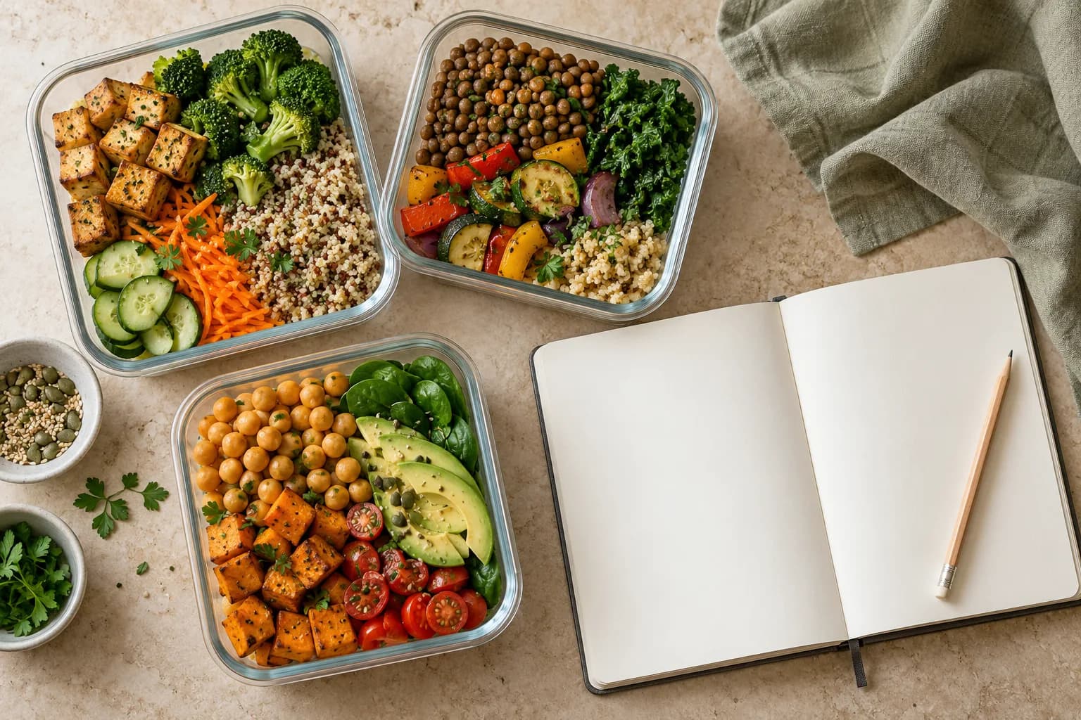 Blank planning notebook beside vegetarian meal containers with tofu, legumes and vegetables