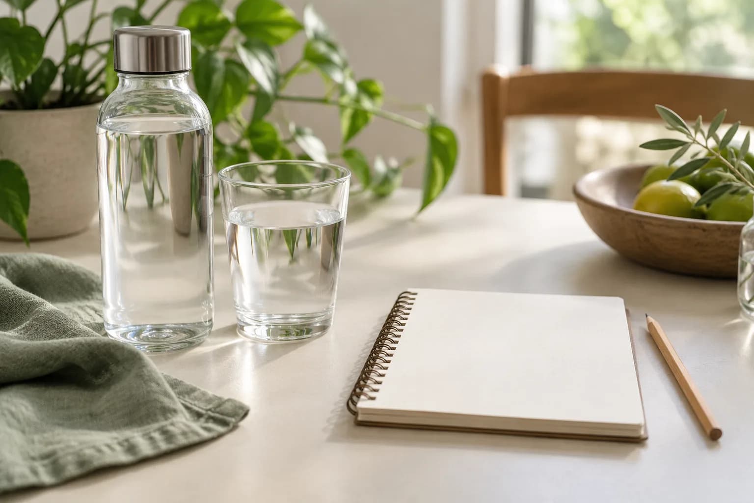 Water bottle and filled glass beside a blank planning notebook