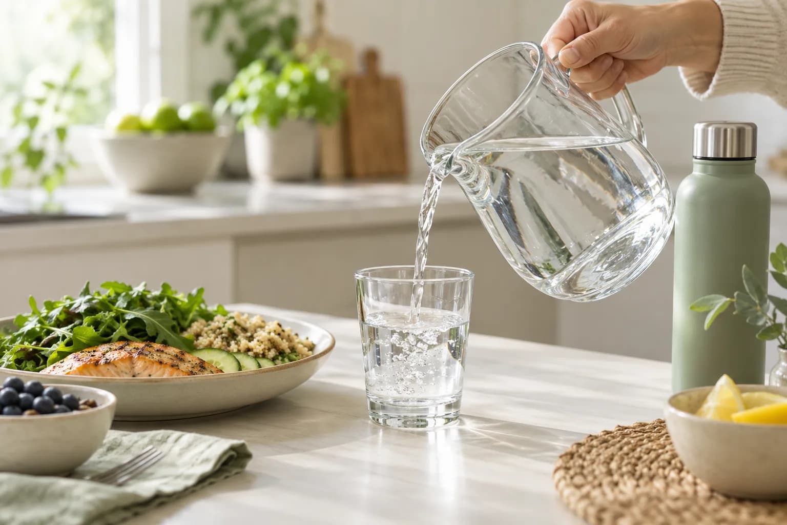 Water being poured into a glass beside an everyday meal and water bottle