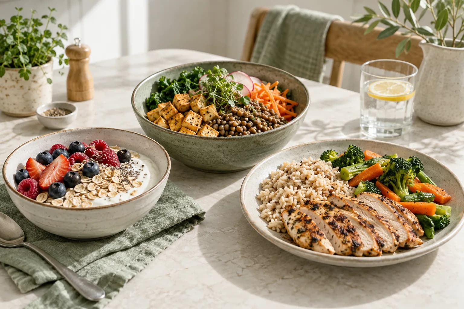 Yogurt, tofu and chicken meals arranged on a kitchen table