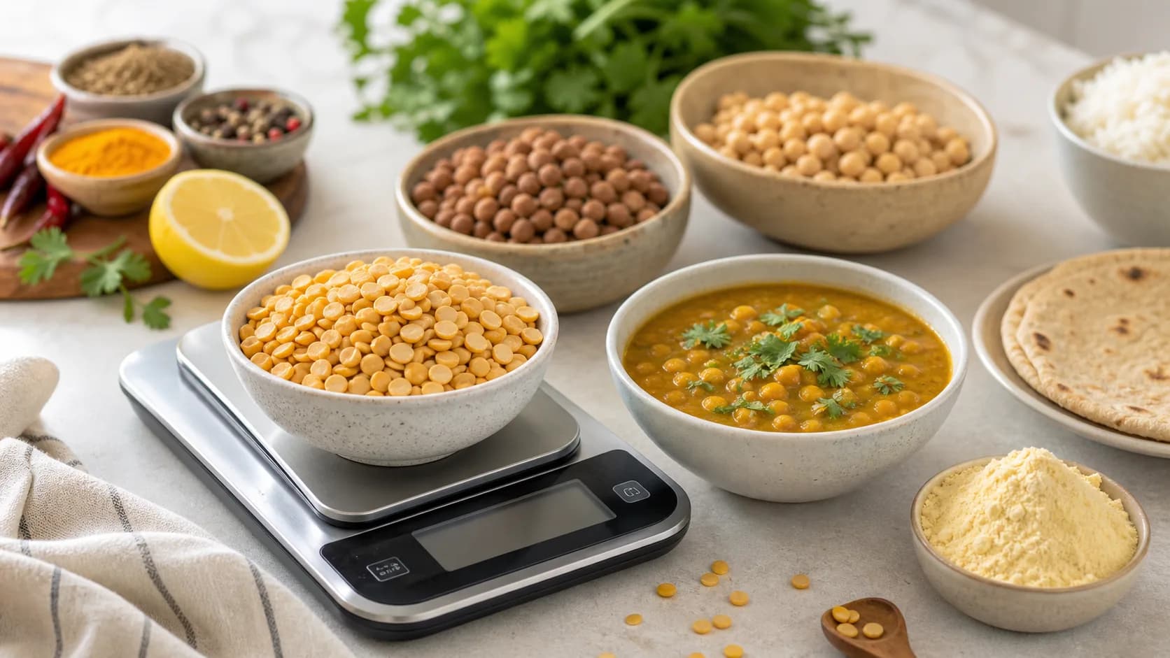 Dry split chana dal on a kitchen scale with cooked chana dal, whole kala chana, kabuli chana, besan flour, rice, roti, lemon, coriander, and spices