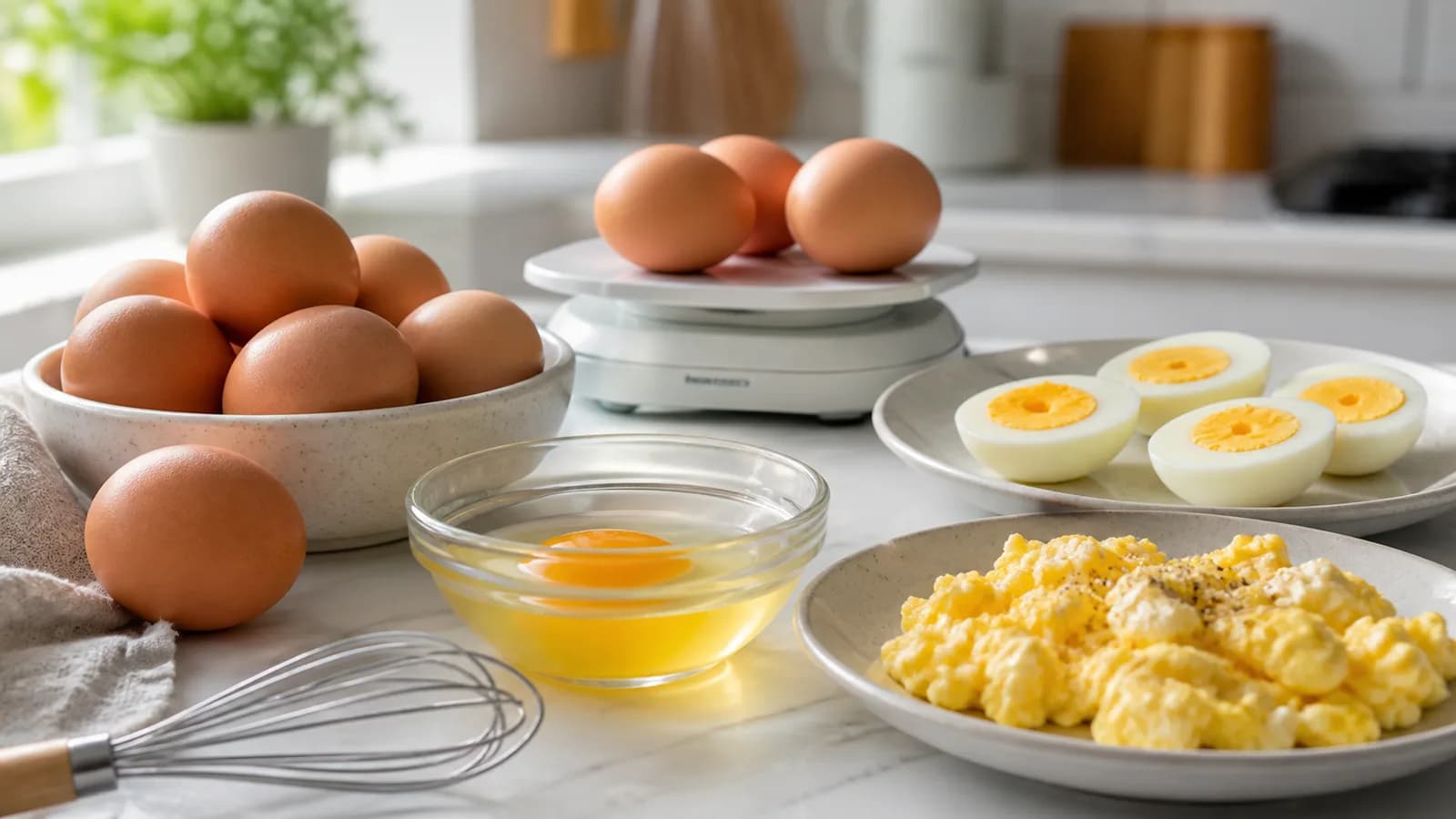 Whole eggs, cracked egg, hard-boiled eggs, and scrambled eggs on a kitchen counter with a scale