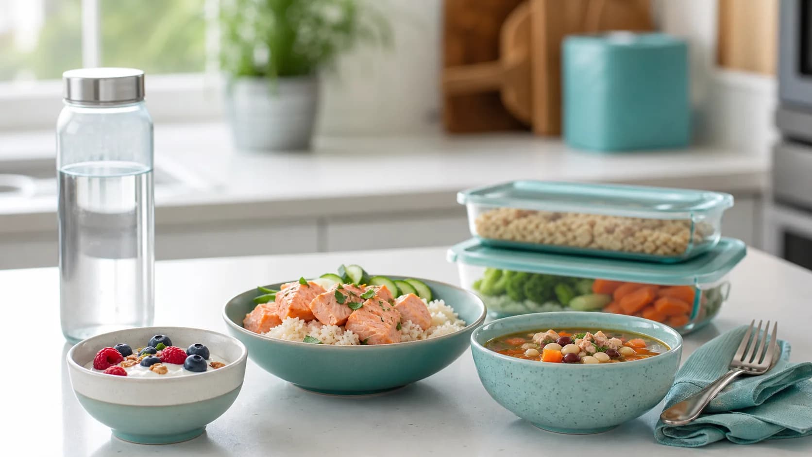 Small high-protein GLP-1 meal prep portions with Greek yogurt, salmon rice, brothy soup, meal-prep containers, and water