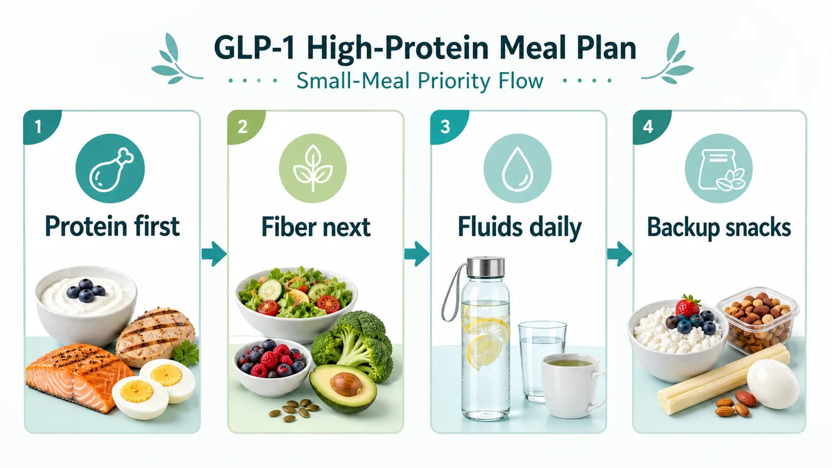 High-protein meals for GLP-1 users infographic showing protein first, fiber next, fluids daily, and backup snacks