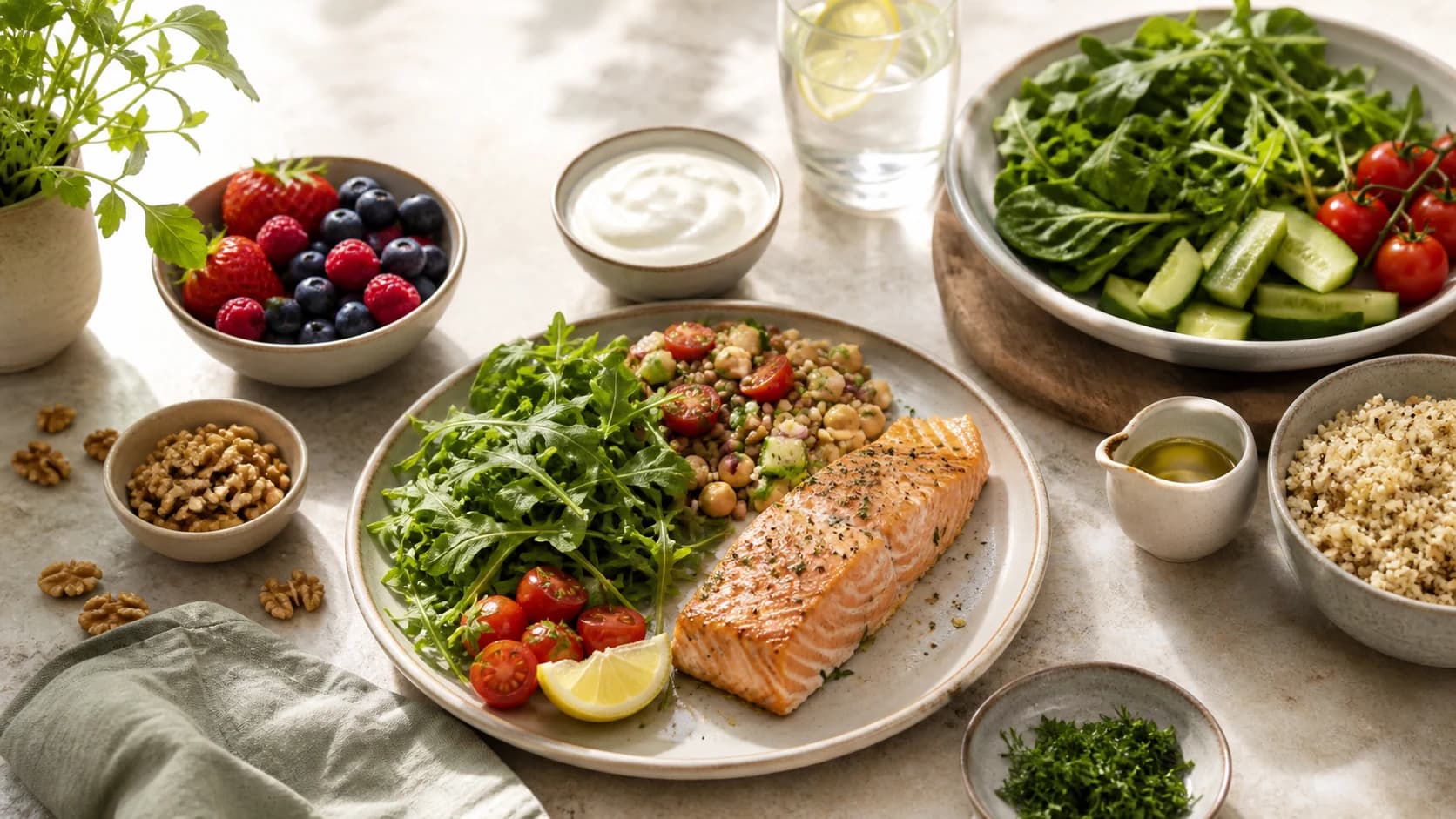 Baked salmon with lentils, chickpeas, leafy greens, berries, whole grains, yogurt, walnuts, olive oil, lemon, and water