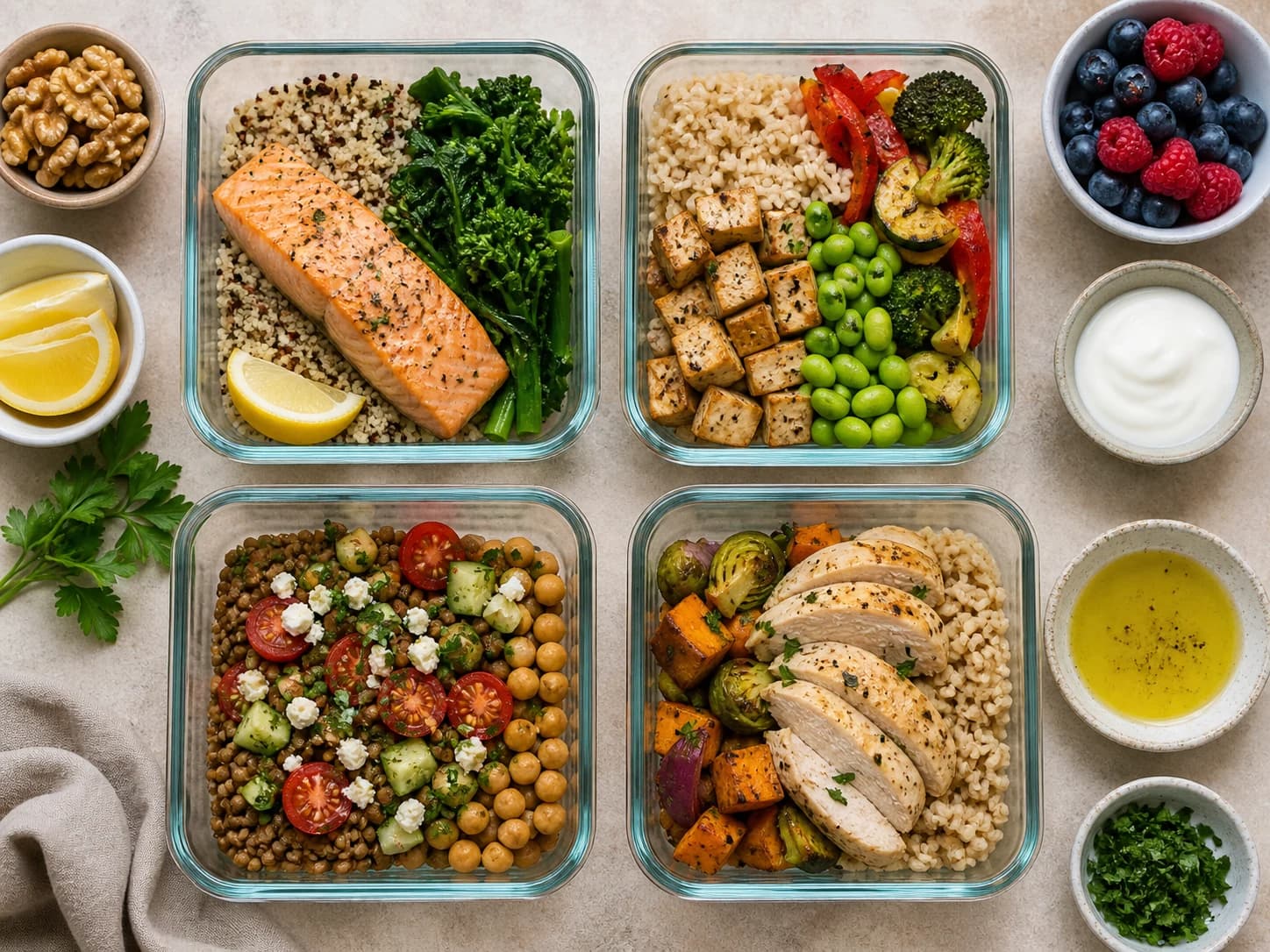 Four heart-healthy high-protein meal-prep containers with salmon, tofu and edamame, lentils and chickpeas, and lean chicken