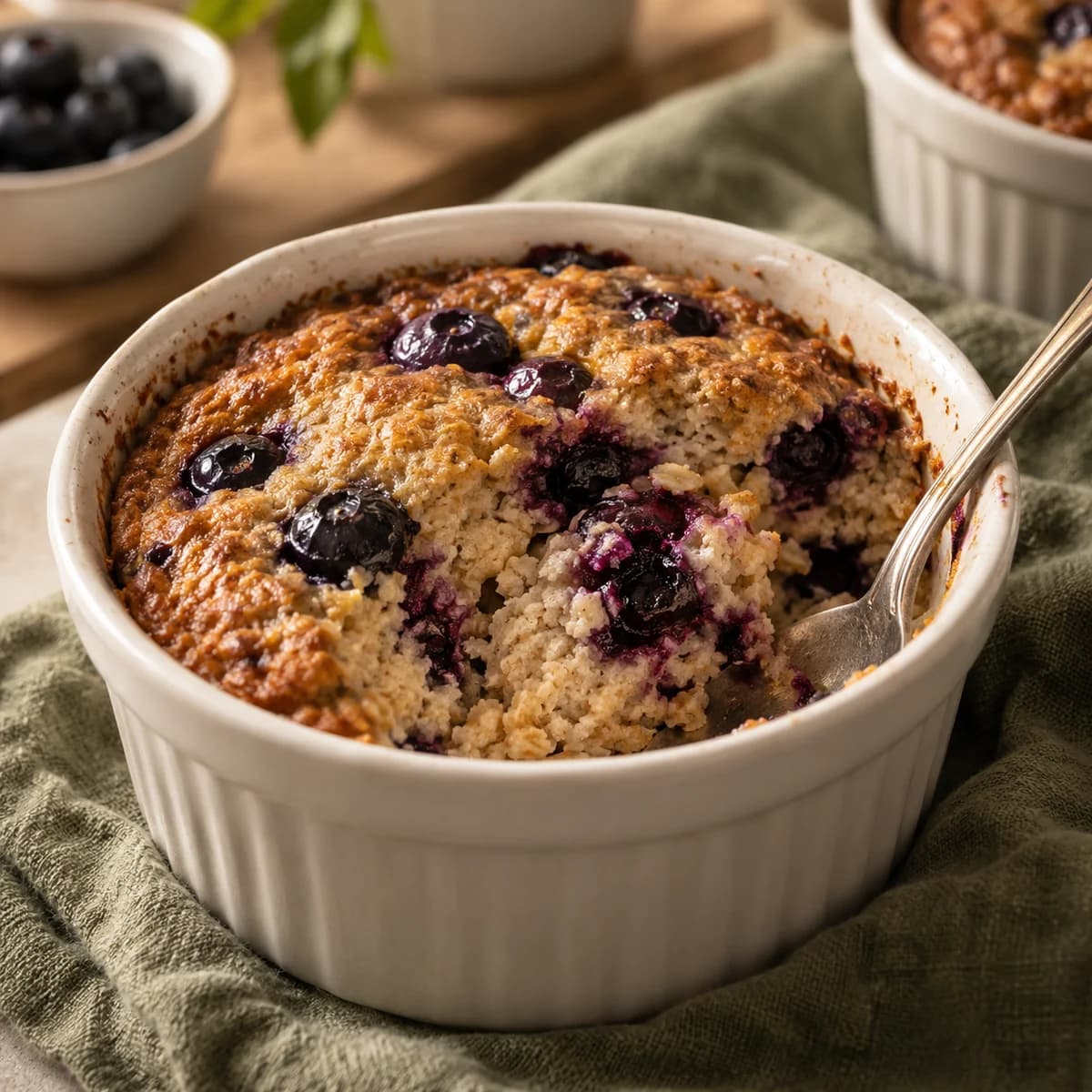 A spoon beside baked oats showing a set moist centre and a blueberry pocket