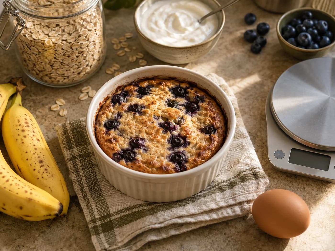Baked oats beside a kitchen scale, banana and plain yogurt