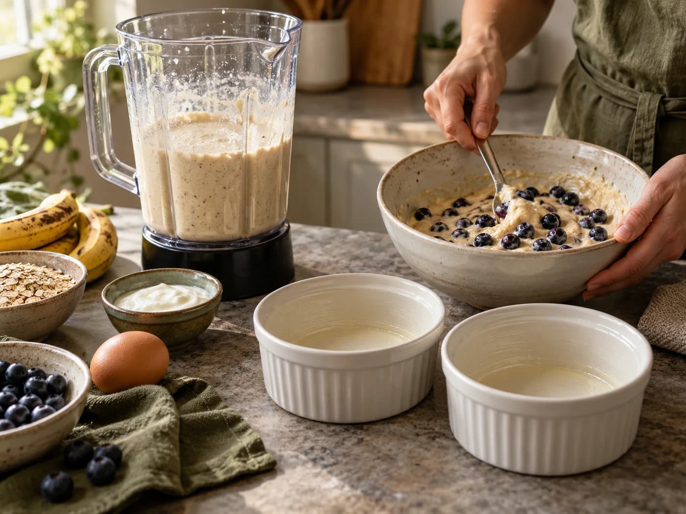 Pale oat batter in a blender jug beside greased ramekins and blueberries