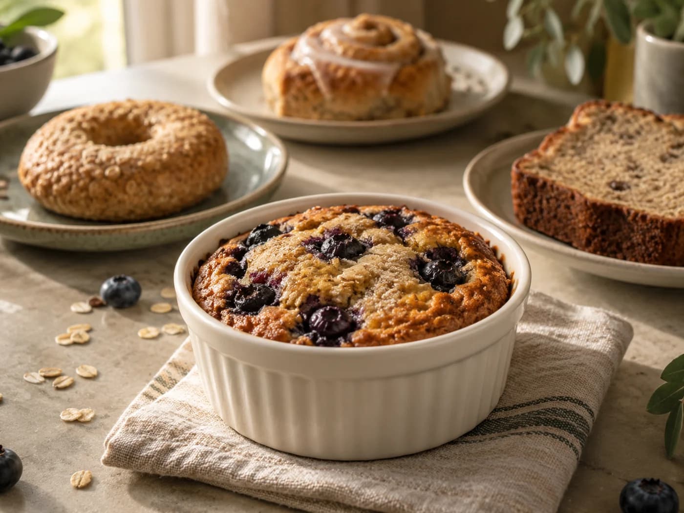 Baked oats with a donut, cinnamon roll and banana bread on separate plates