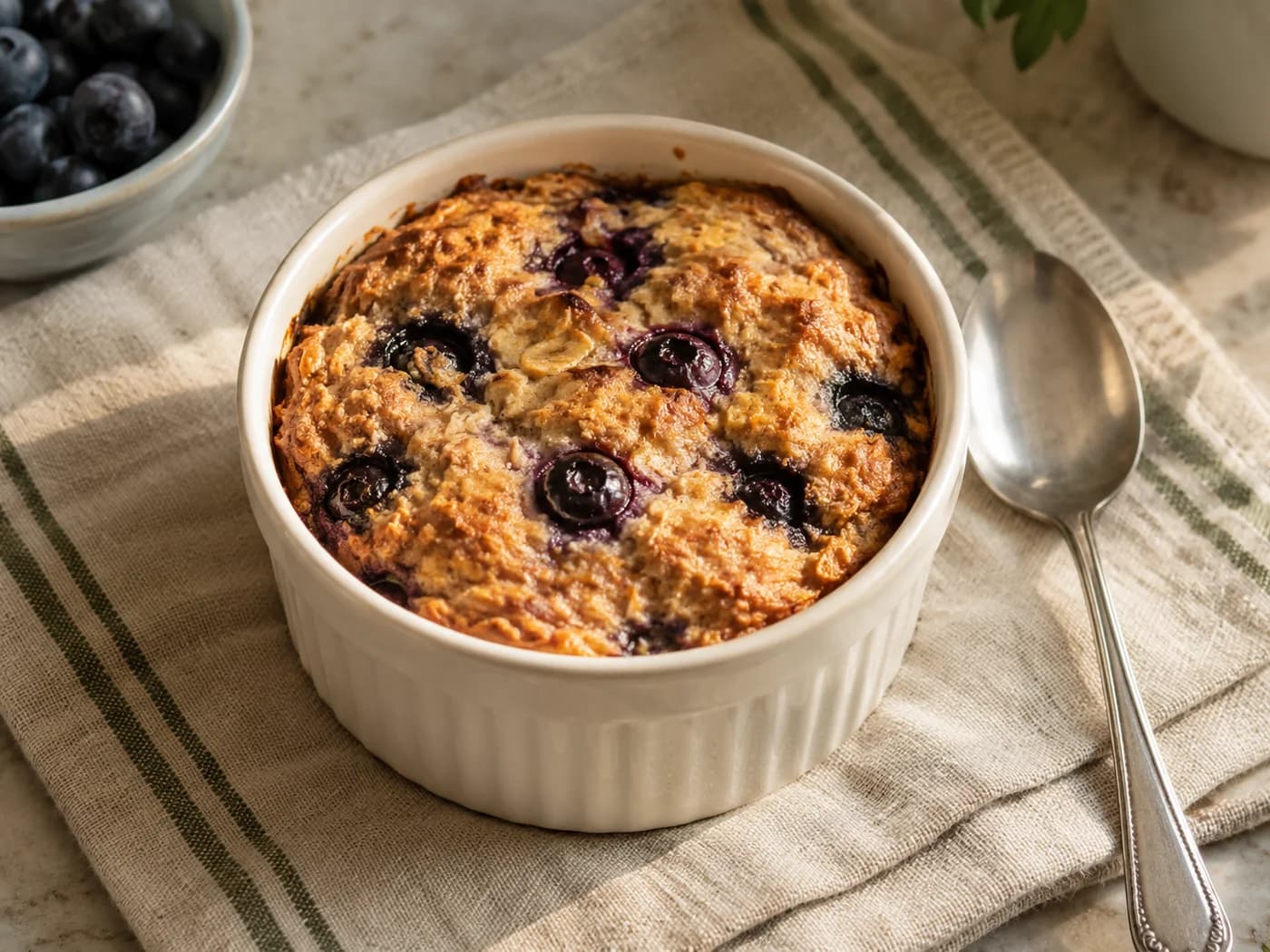 One complete golden blueberry baked-oat ramekin beside a spoon