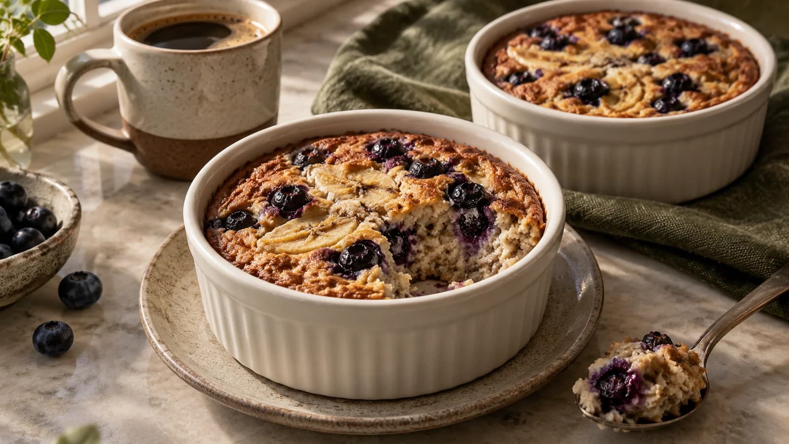 Banana-blueberry baked oats in cream ramekins with a spoon revealing the tender oat centre