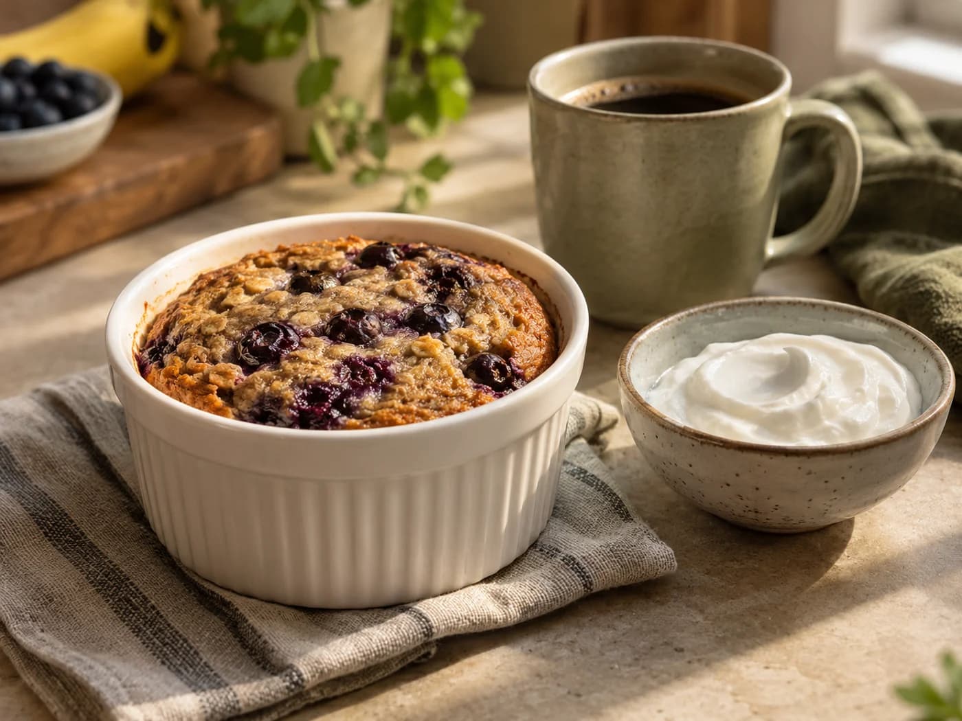 One baked-oat ramekin with a separate small yogurt bowl