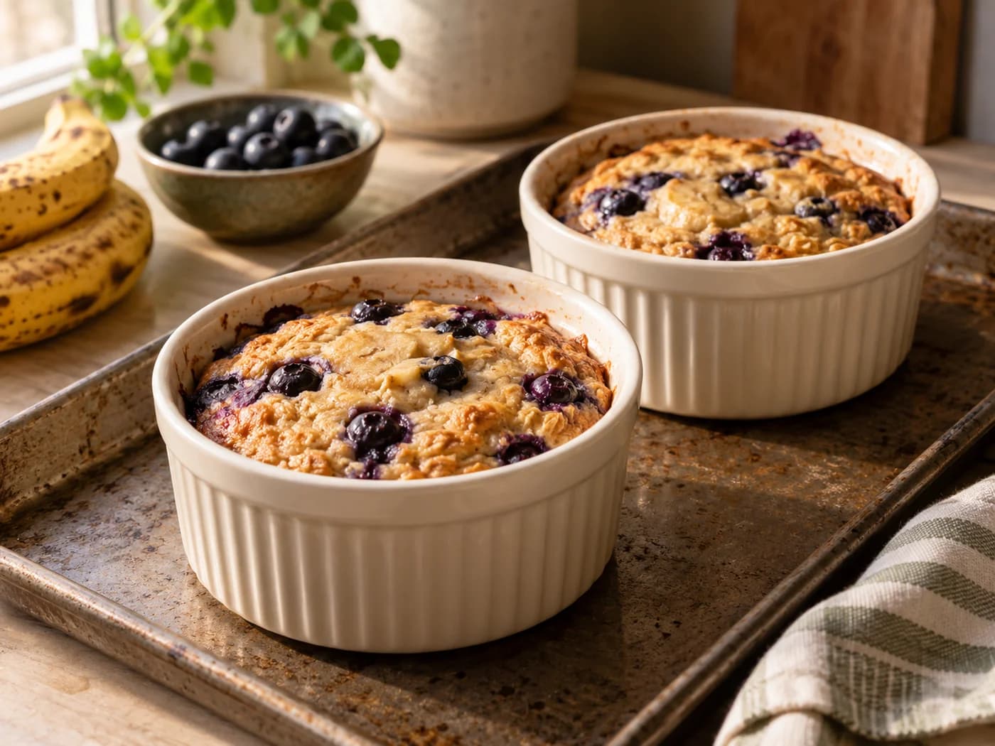 Two matching banana-blueberry baked-oat ramekins on a baking tray