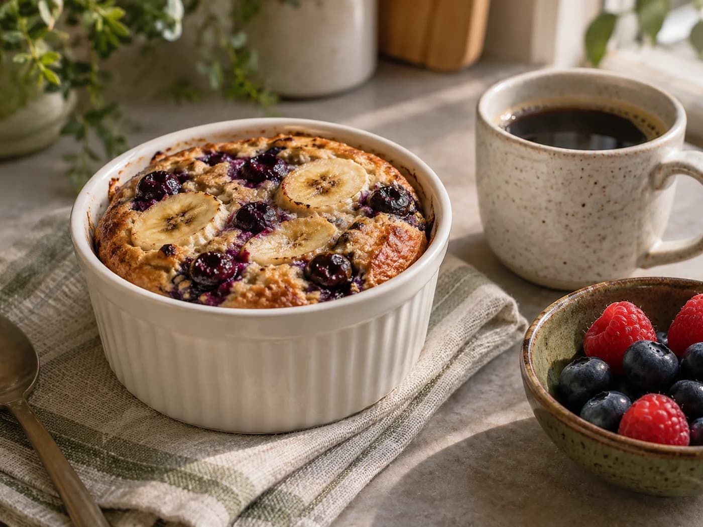 Warm baked oats with coffee and fresh berries in a separate dish