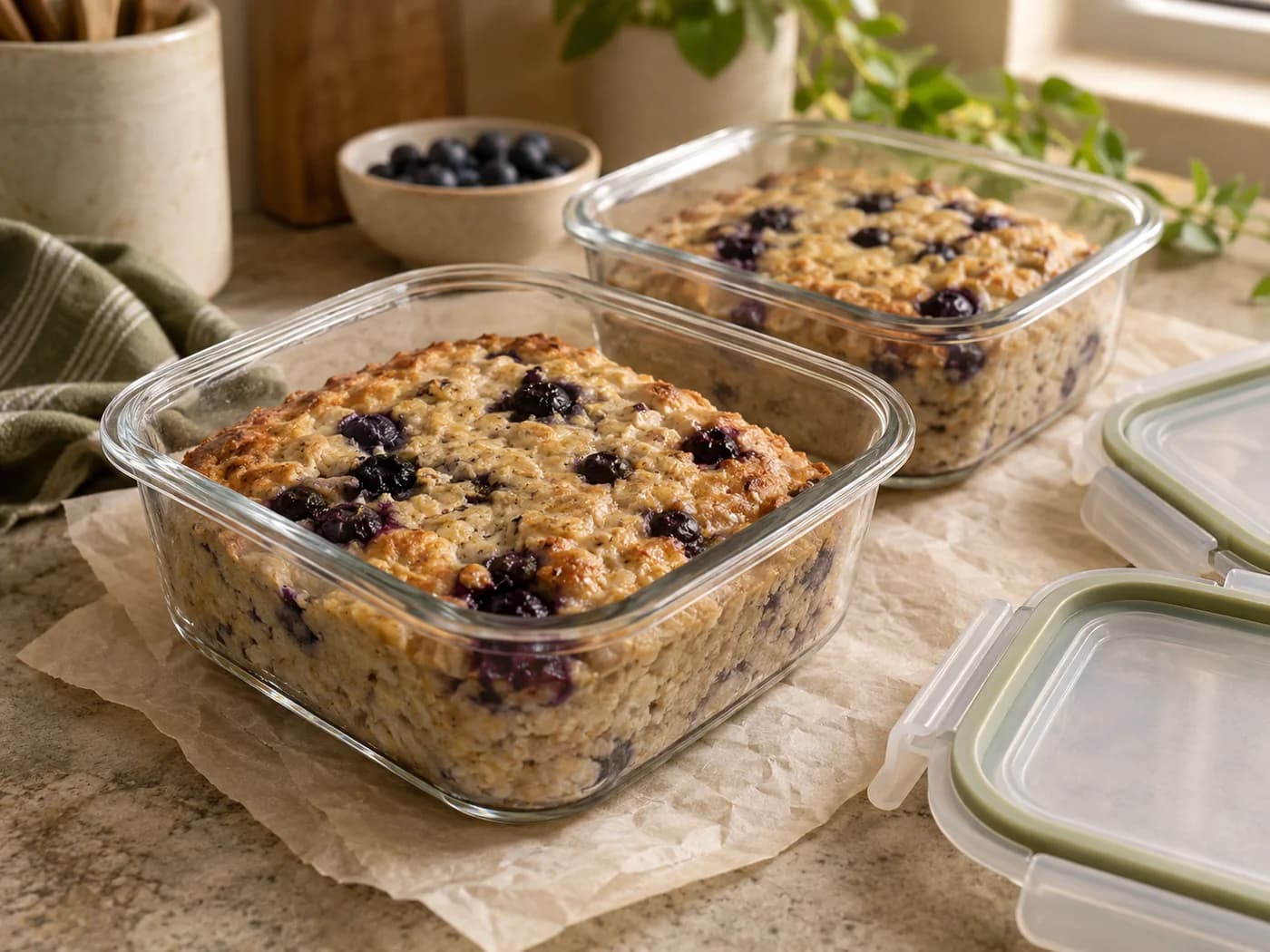 Cooled baked-oat portions in clean containers with lids beside them