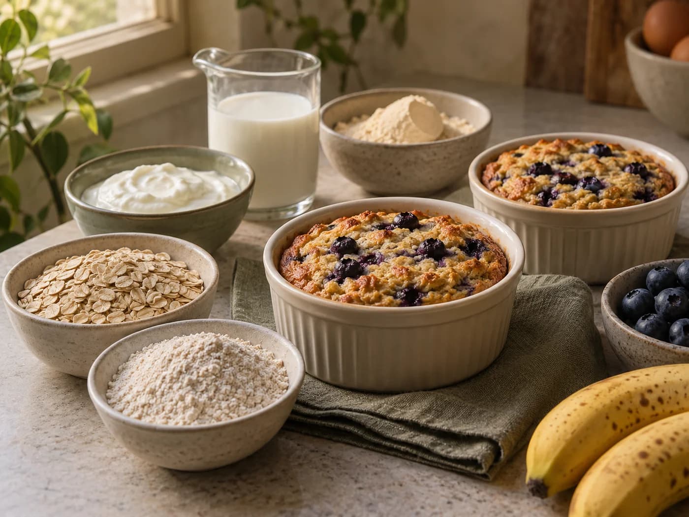 Small bowls of oats, oat flour, yogurt, milk and vanilla protein powder