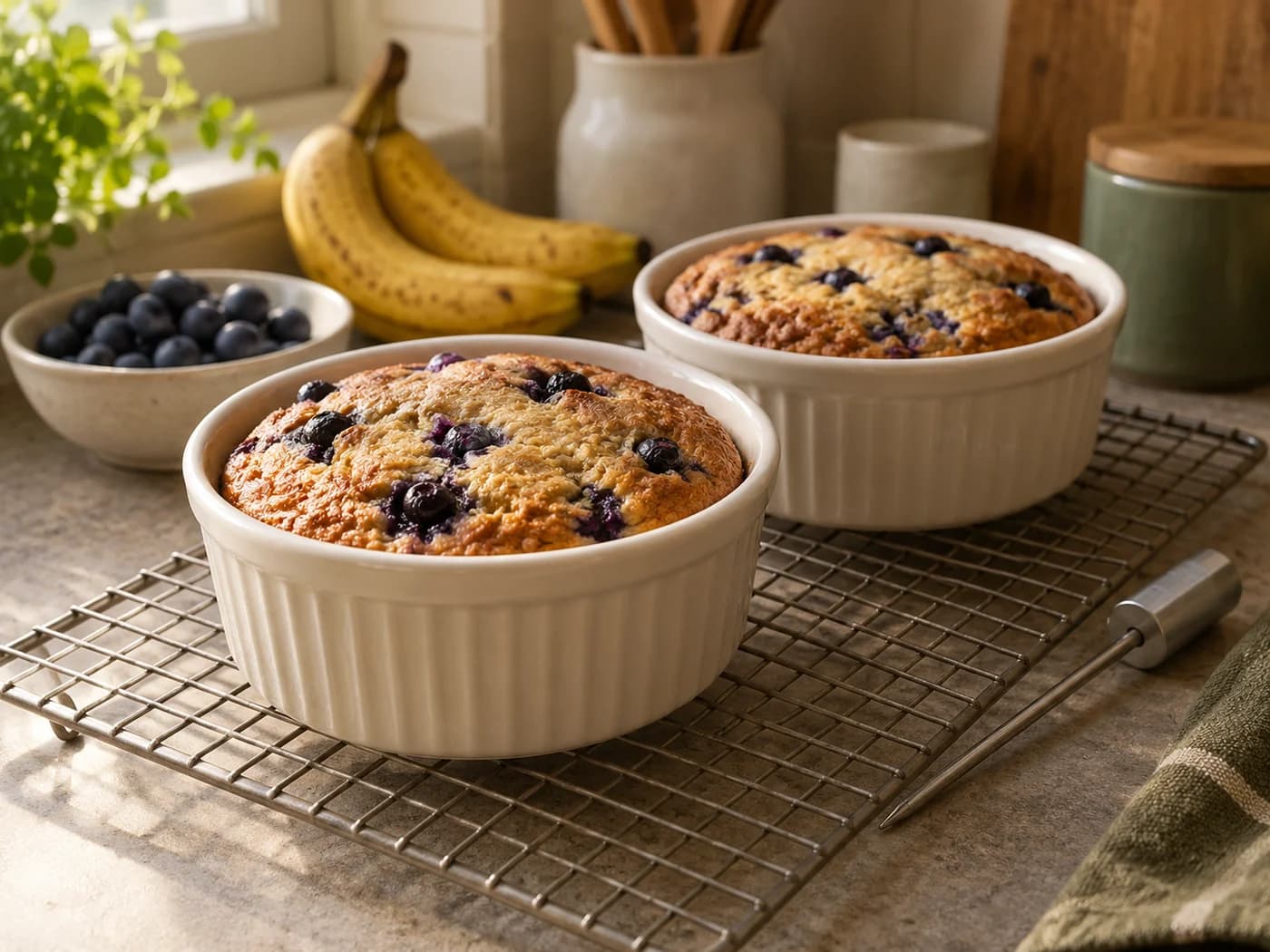 Two set golden baked-oat ramekins cooling beside a small thermometer