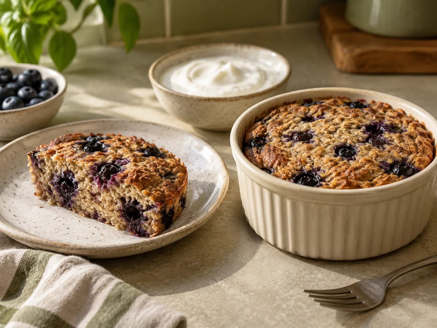 A full baked-oat ramekin and a half portion with yogurt served separately