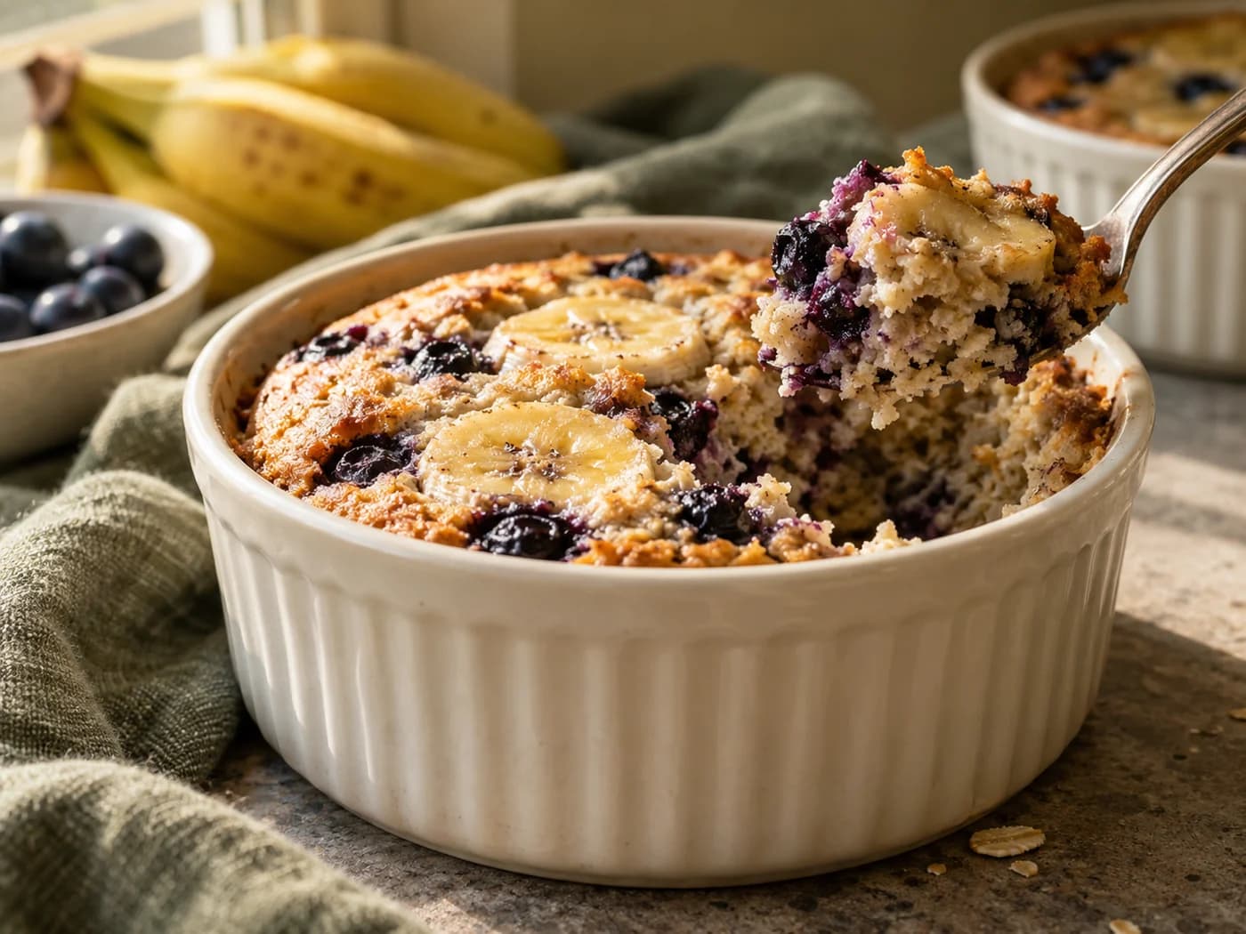 A spoon lifting a blueberry-studded bite from golden baked oats