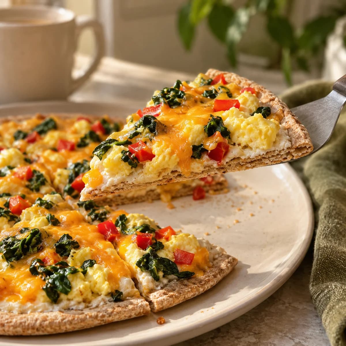 A close view of a breakfast pizza wedge showing fully cooked egg curds above the thin pita