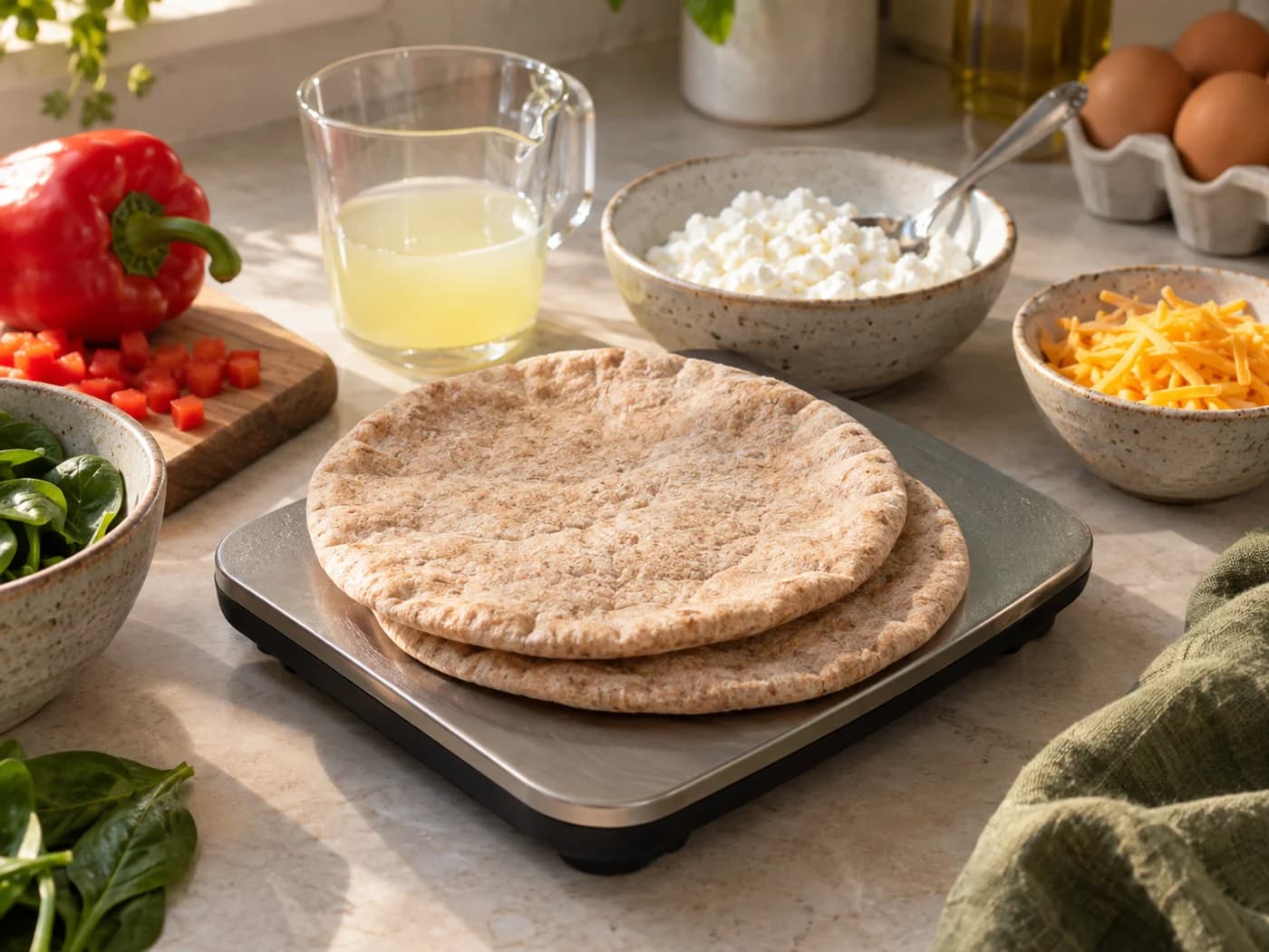 Whole-wheat pitas being weighed beside cottage cheese, egg whites and cheddar