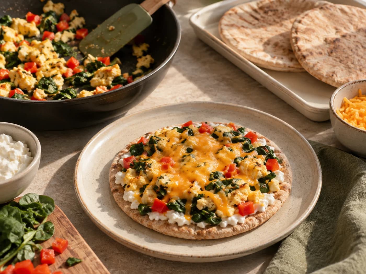 Cooked scrambled eggs with spinach and red pepper in a skillet beside lightly toasted pitas