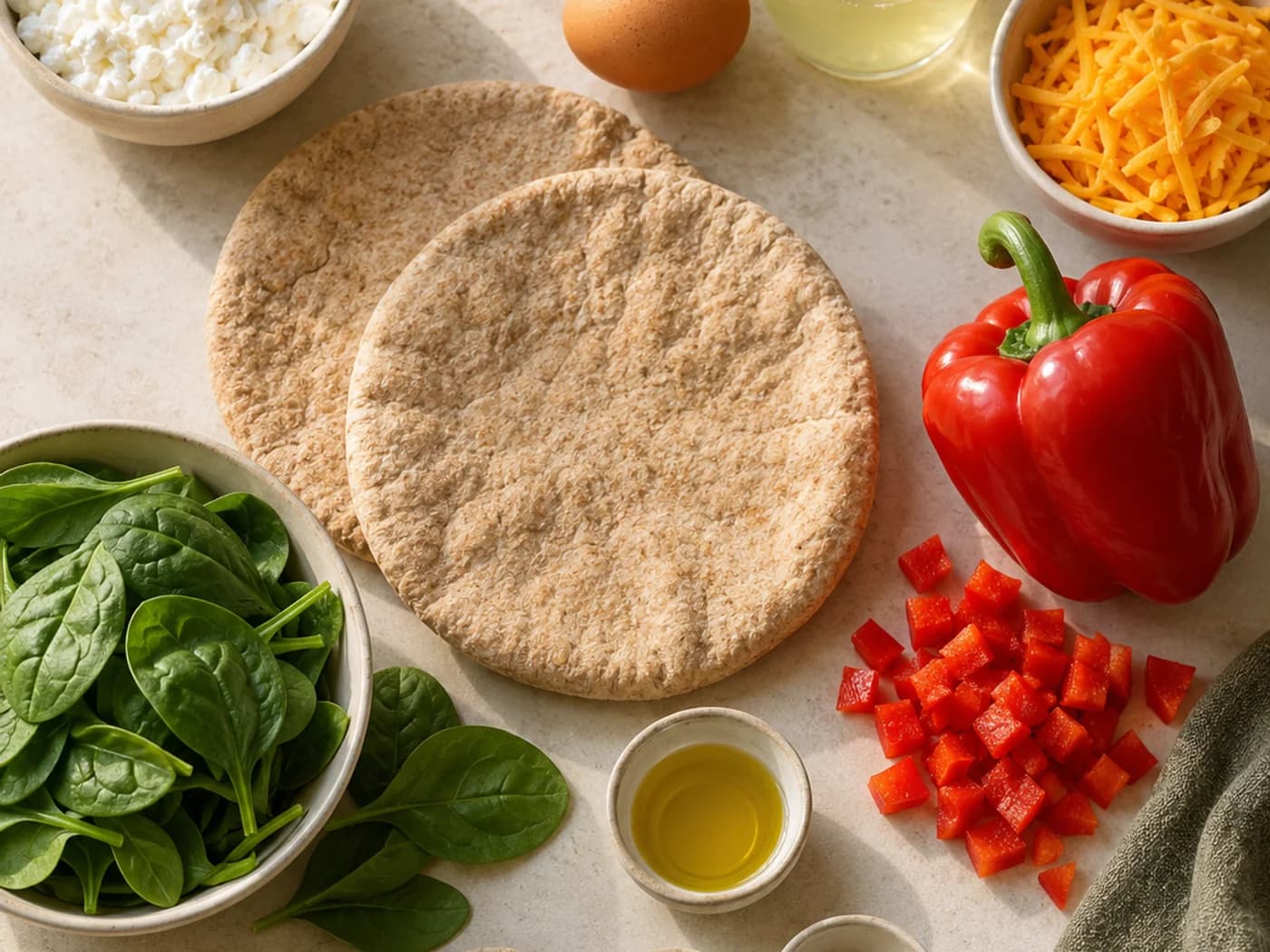 Whole-wheat pitas, eggs, egg whites, cottage cheese, cheddar, spinach, red pepper, oil and seasonings