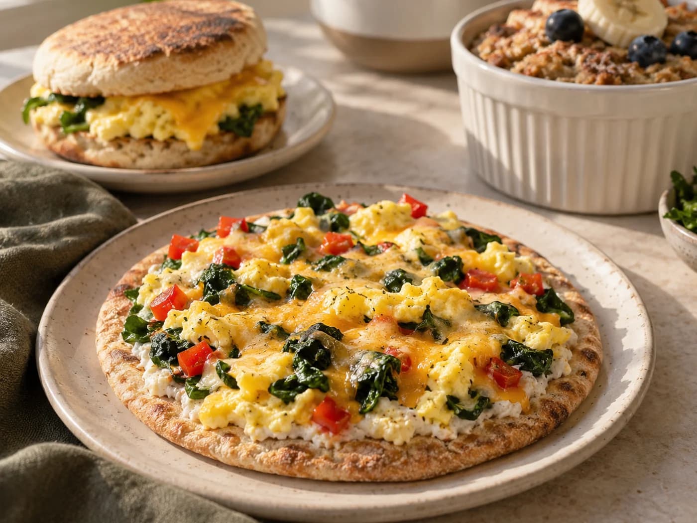 A breakfast pita pizza in front of a toasted egg sandwich and a baked-oats ramekin