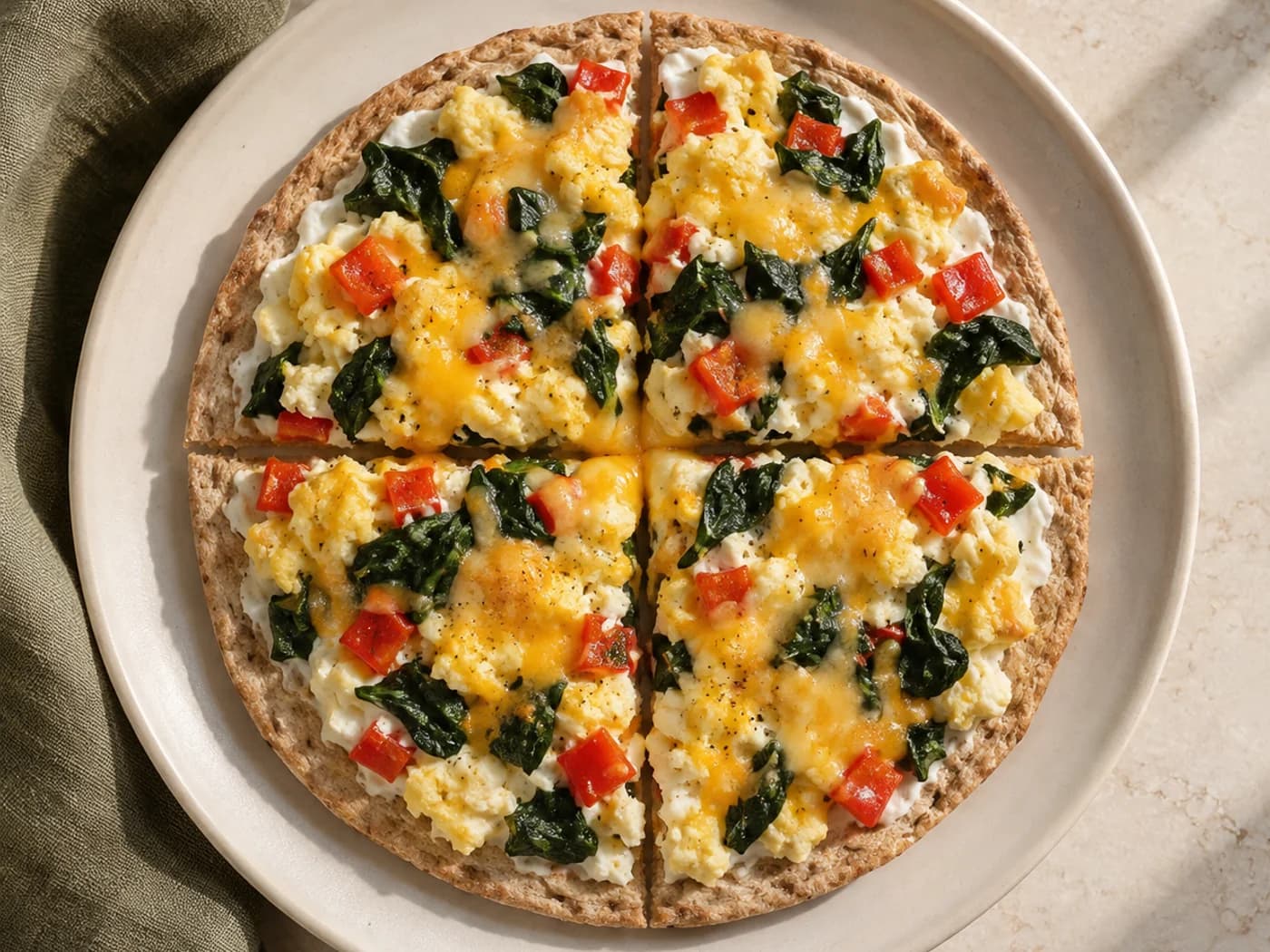 One complete personal breakfast pita pizza cut into four quarters on a cream plate