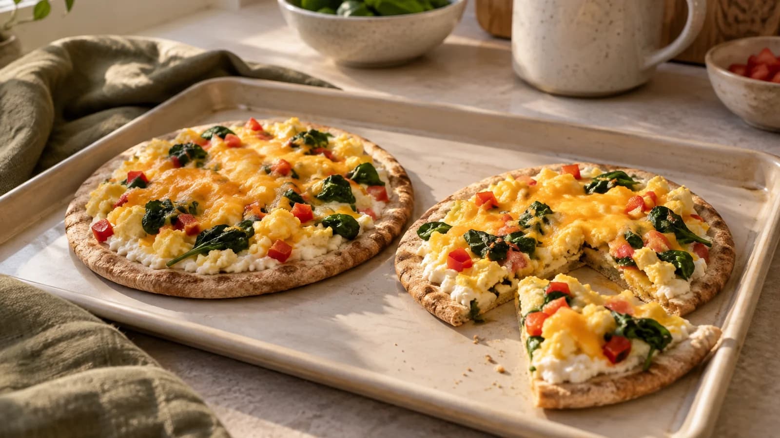 Two personal whole-wheat pita breakfast pizzas with scrambled egg, spinach, red pepper and melted cheddar