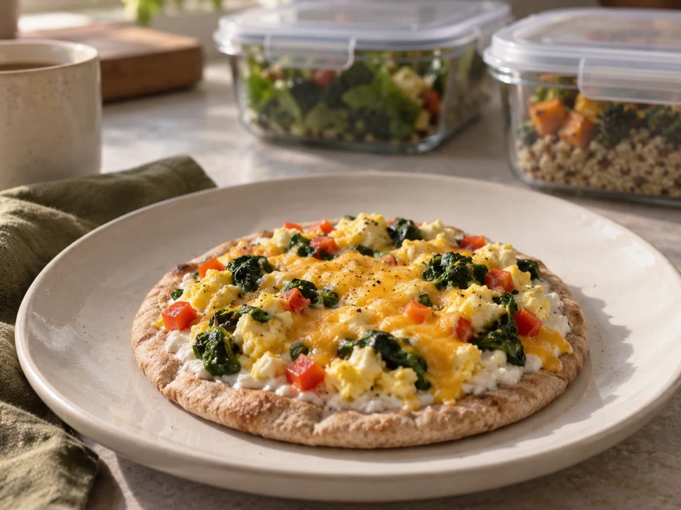 A full breakfast pita pizza with covered lunch and dinner containers softly blurred behind