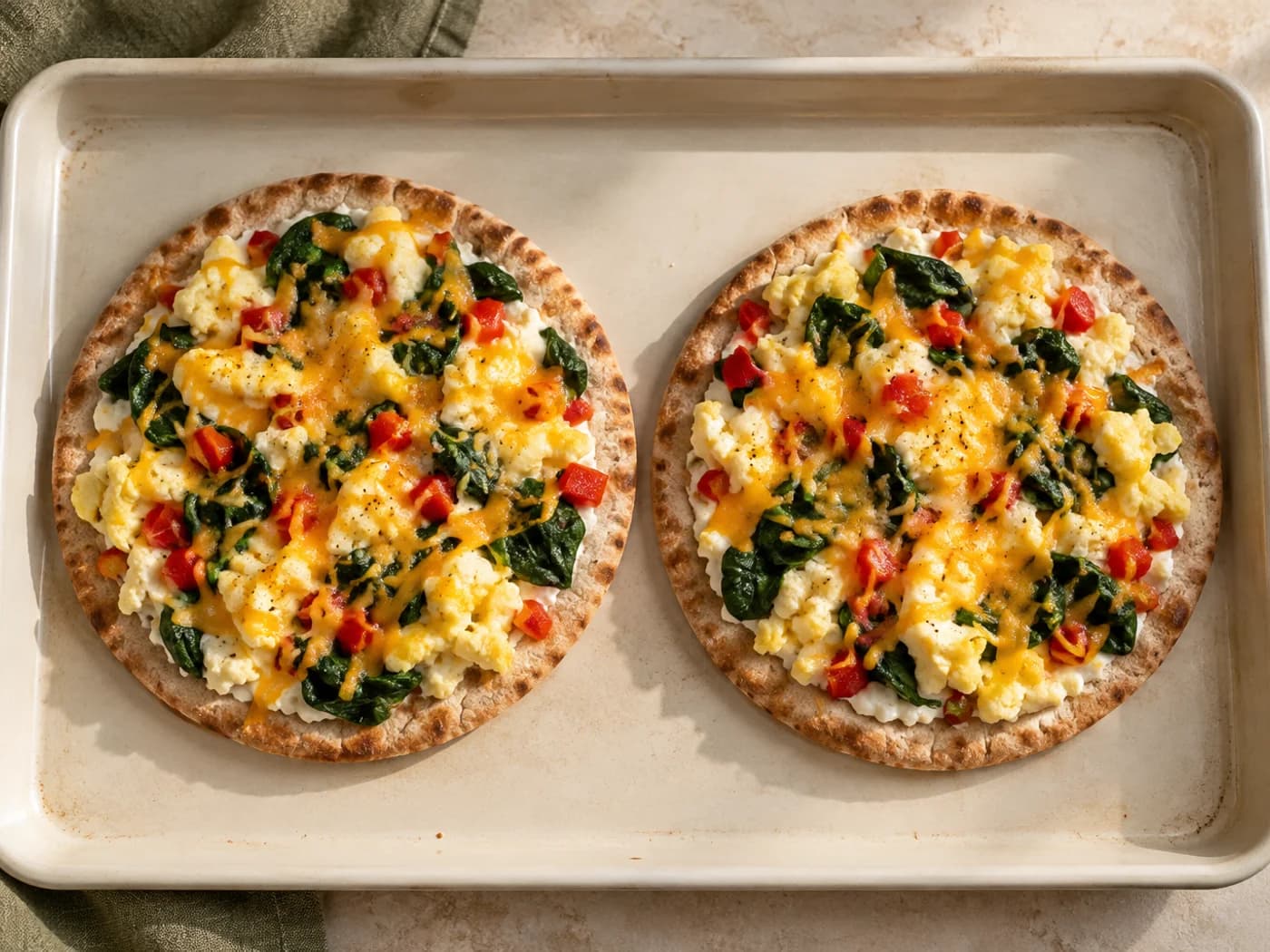 Exactly two personal scrambled-egg breakfast pita pizzas on a cream baking tray