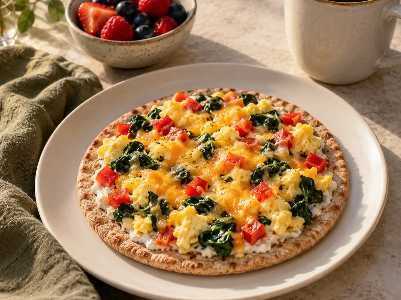 A complete breakfast pita pizza with a separate berry bowl and coffee mug