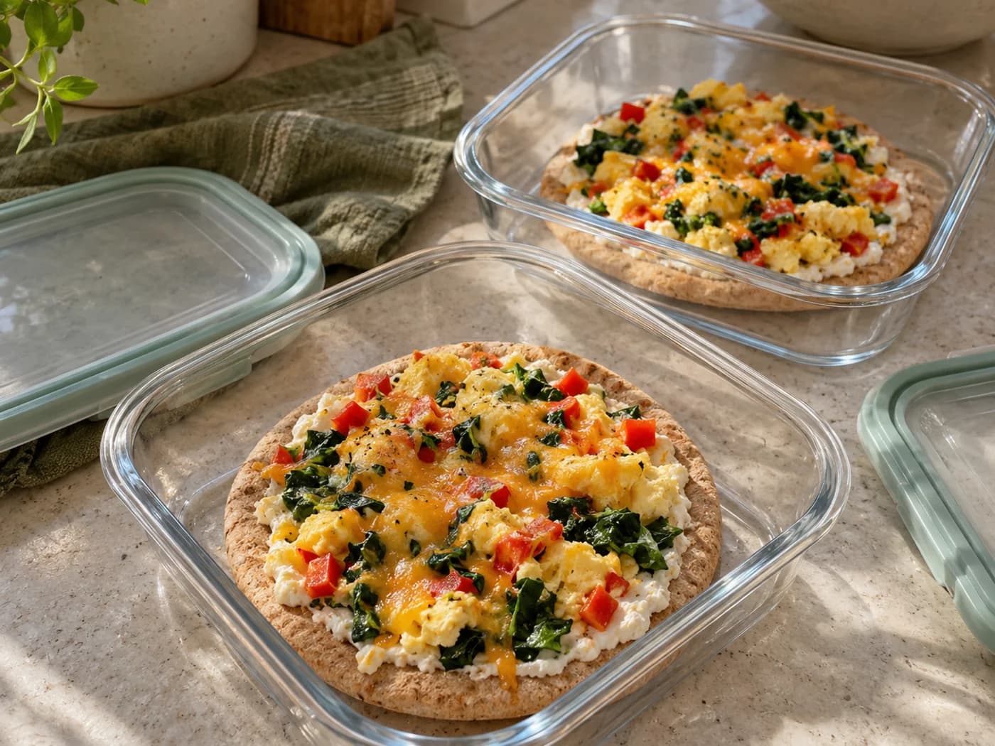 Cooled personal breakfast pizzas in separate shallow food containers
