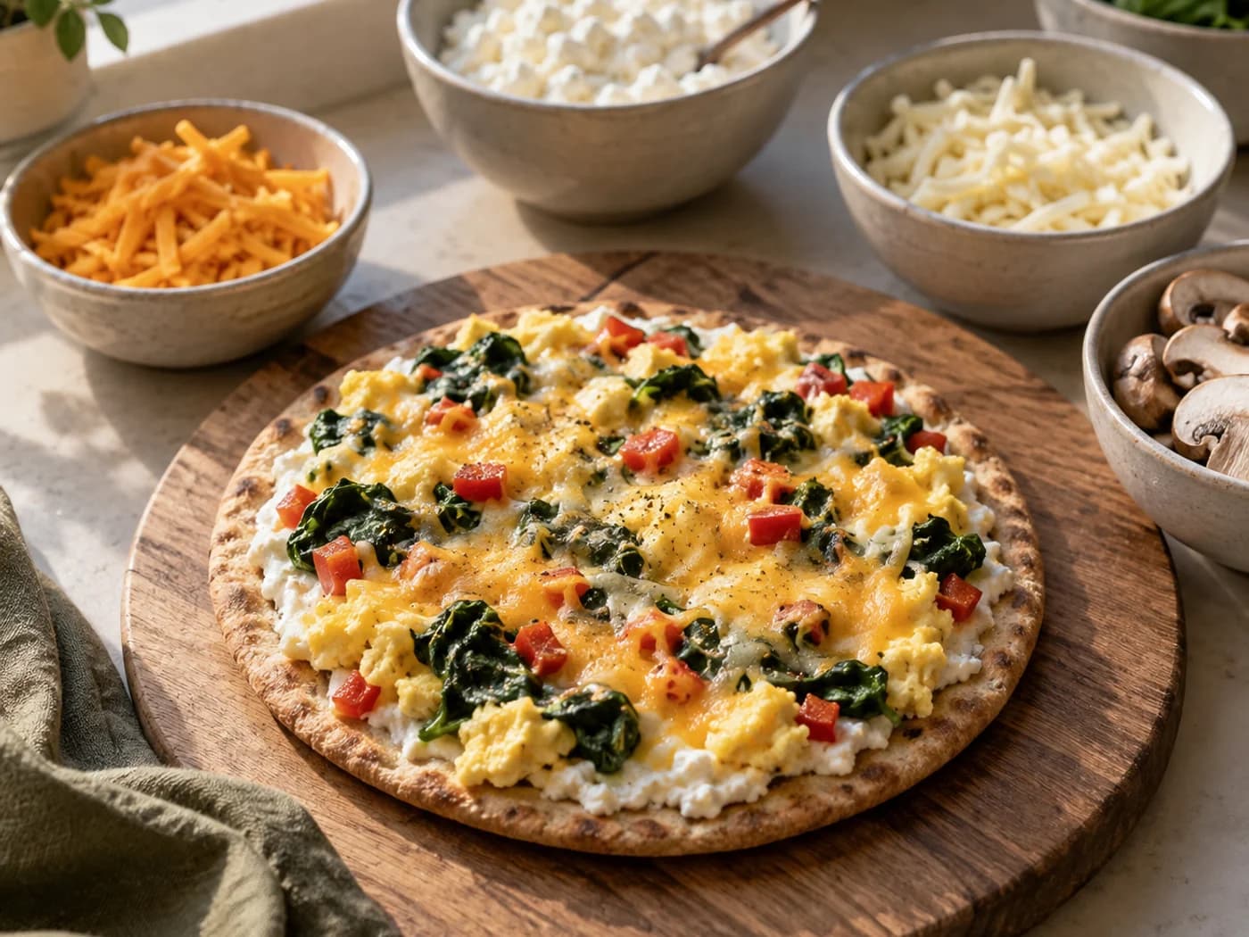 A reference breakfast pizza beside small bowls of cottage cheese, cheddar, mozzarella and mushrooms