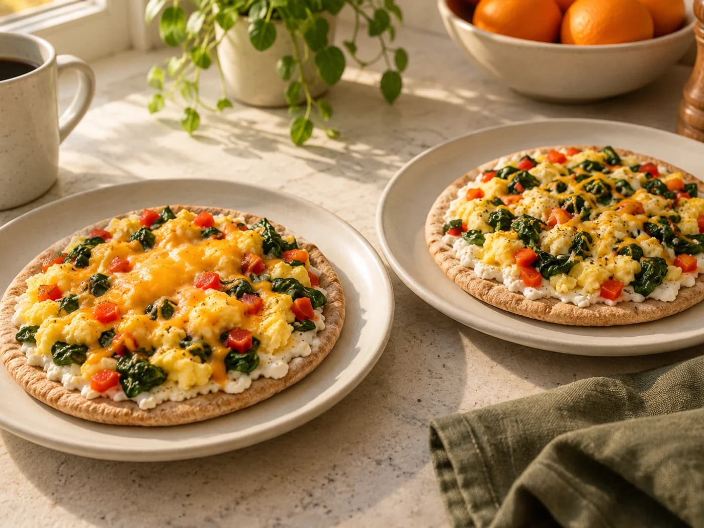 Two breakfast pita pizzas with different measured amounts of cheddar