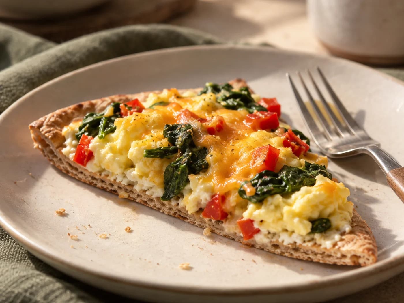 A breakfast pizza wedge showing a thin toasted pita and tender scrambled egg topping