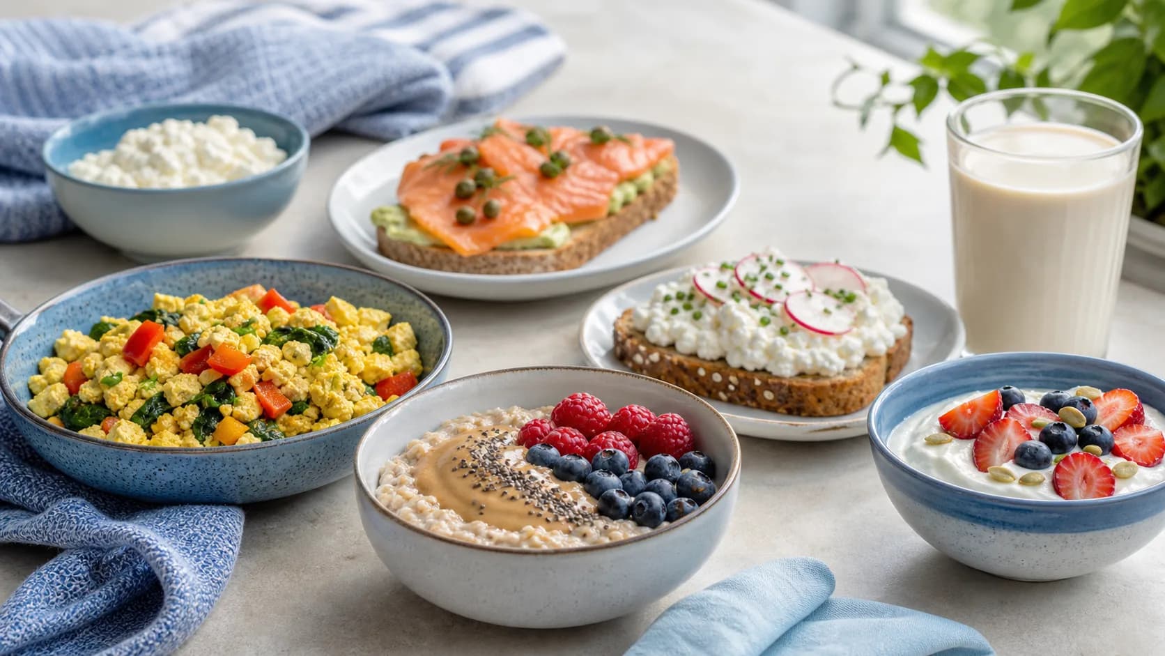 Egg-free high-protein breakfast spread with tofu scramble, protein oats, skyr, and savory toast