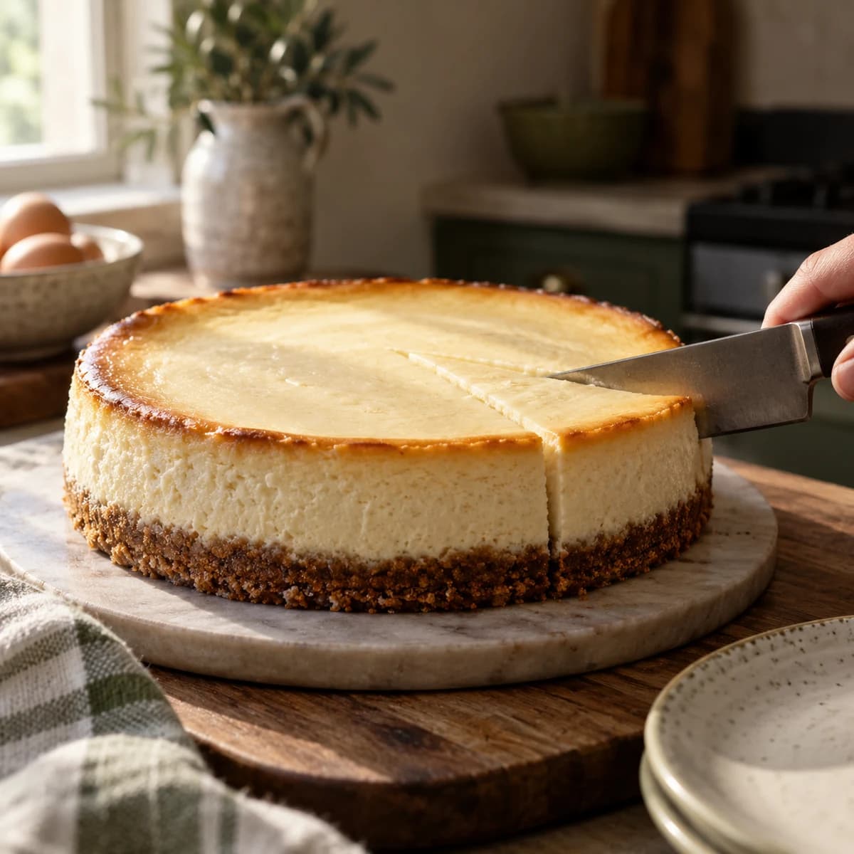 A knife cutting a neat wedge through chilled cheesecake