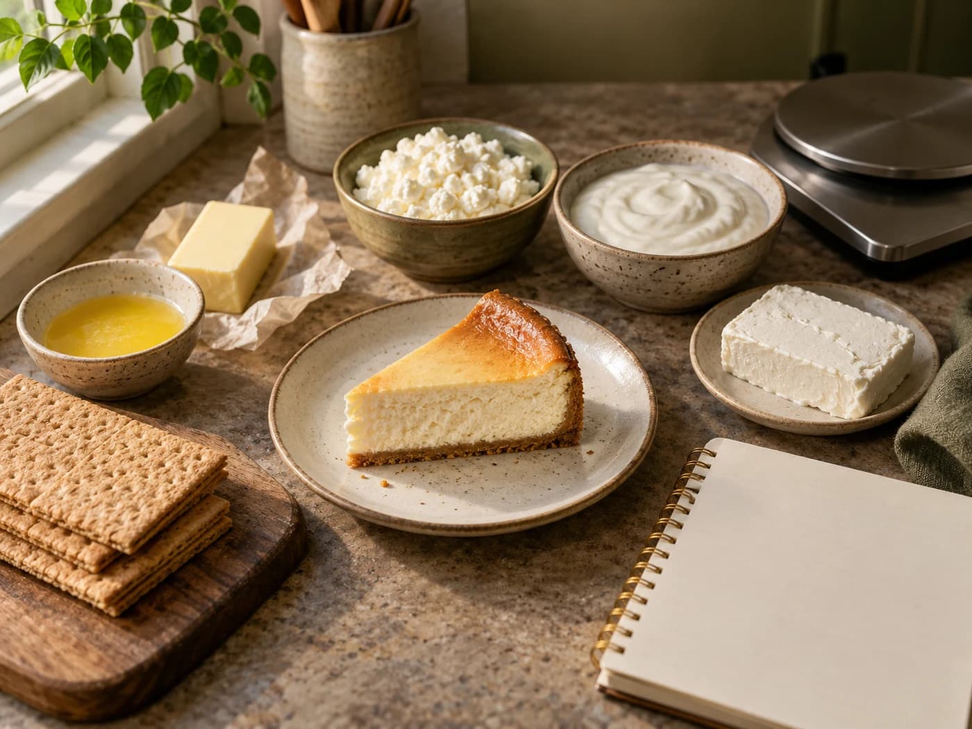 Measured cheesecake ingredients beside a plain kitchen scale