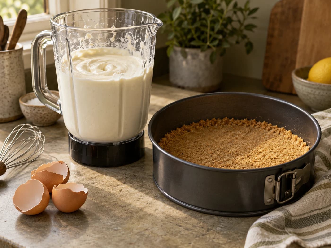 Smooth cheesecake filling beside a springform pan with pressed crumbs