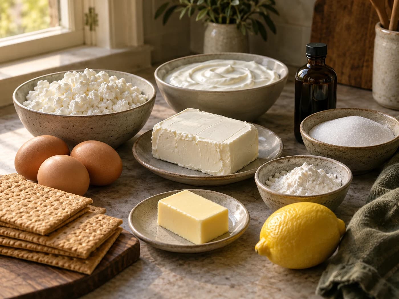 Bowls of cottage cheese, yogurt, cheese, eggs, sugar and crust ingredients