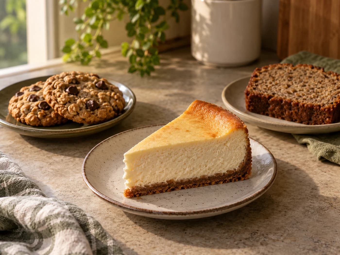 Cheesecake with cookies and banana bread on separate small plates