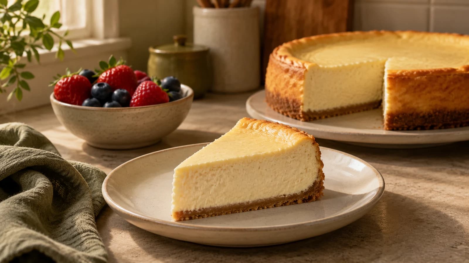 Vanilla cheesecake slice with a thin biscuit crust on an ivory plate