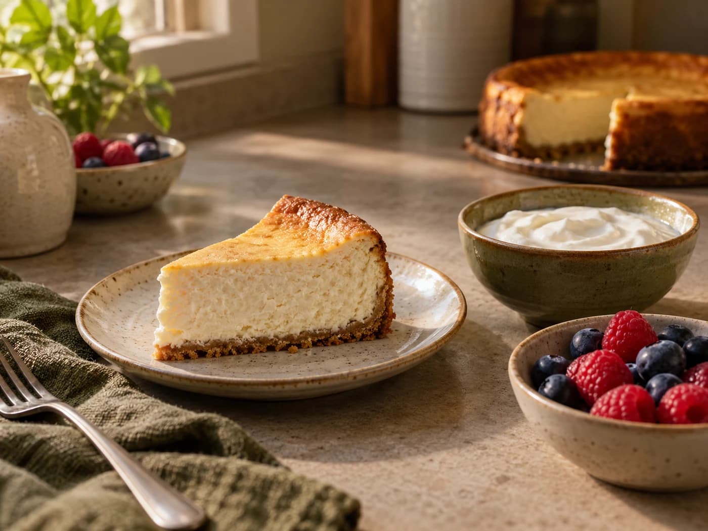 Cheesecake slice beside a measured bowl of plain Greek yogurt