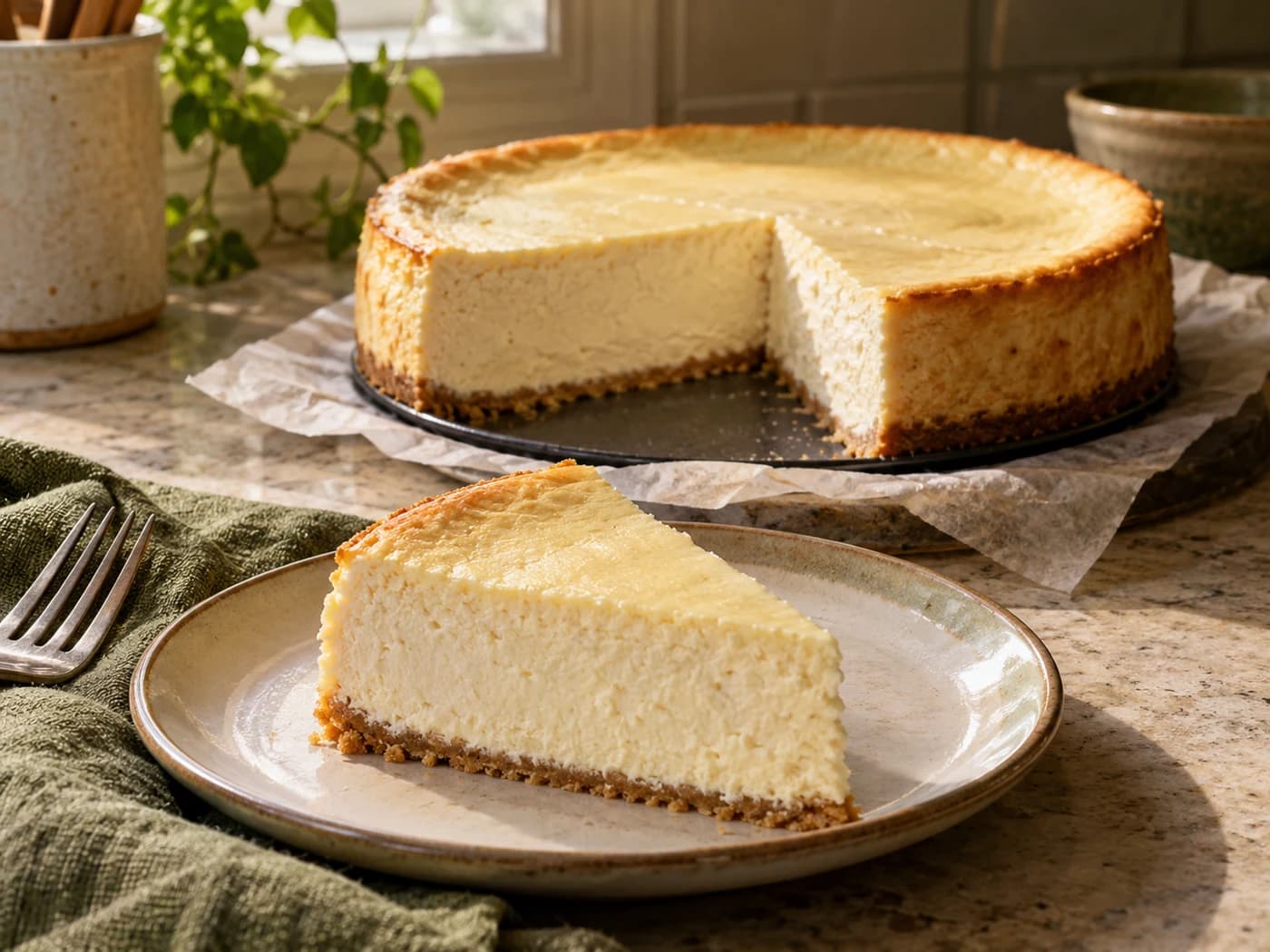 Whole vanilla cheesecake with one wedge removed and plated