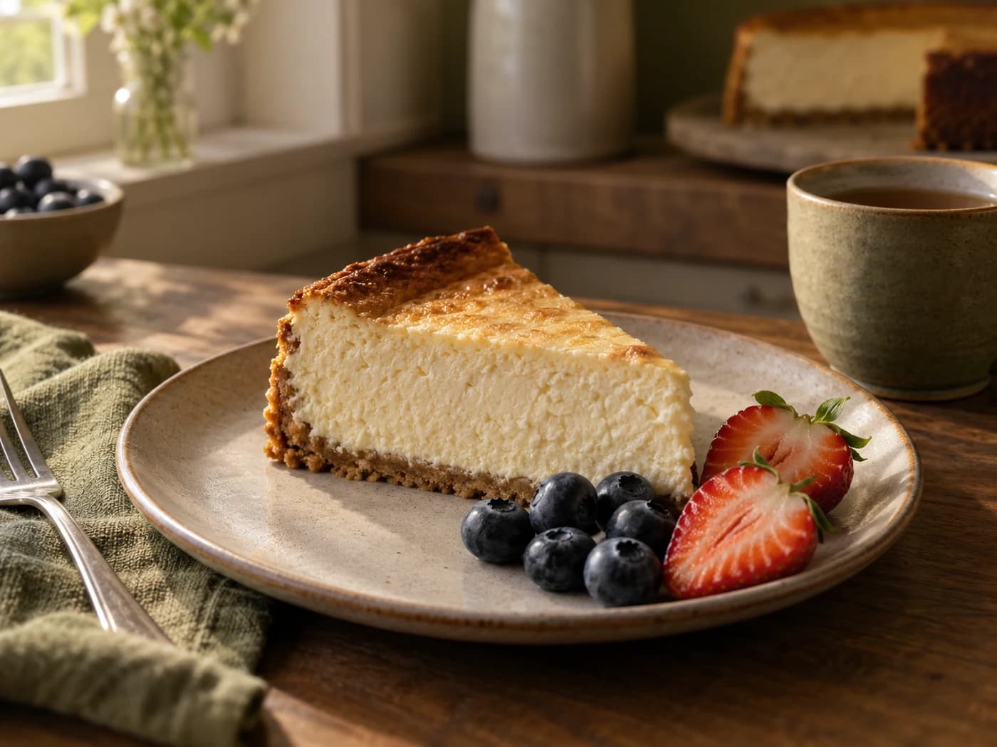 Vanilla cheesecake with fresh berries beside a cup of unsweetened tea