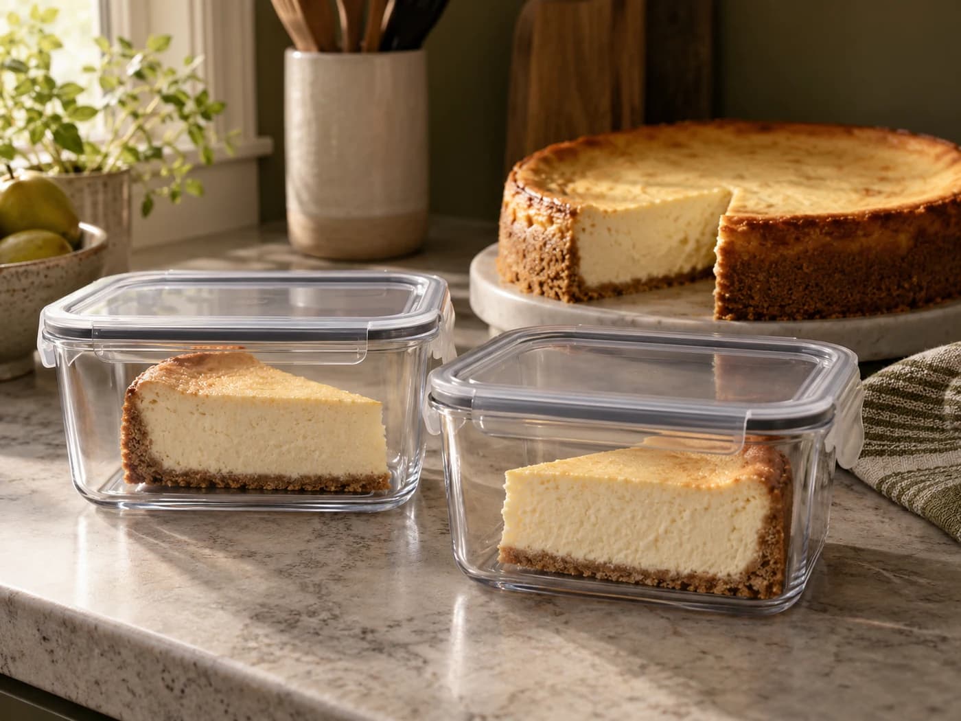Individual cheesecake slices packed in clean refrigerator containers