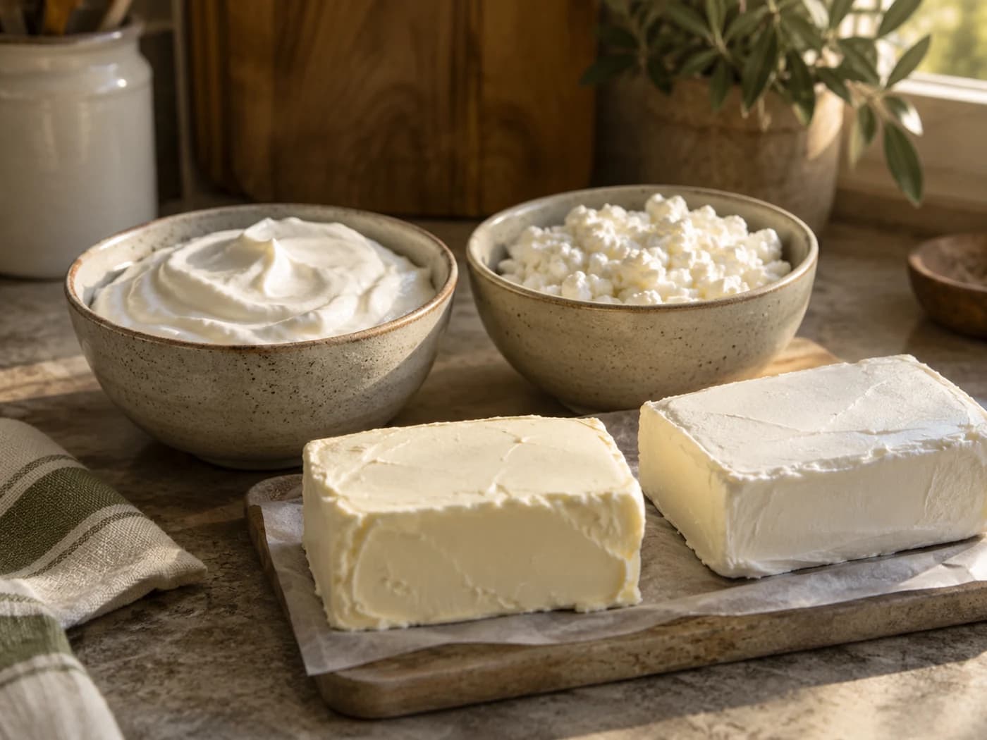 Plain yogurt, cottage cheese and blocks of soft cheese on a kitchen counter